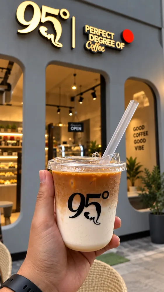 An iced latte in a 95 Degree cup held up outside the café