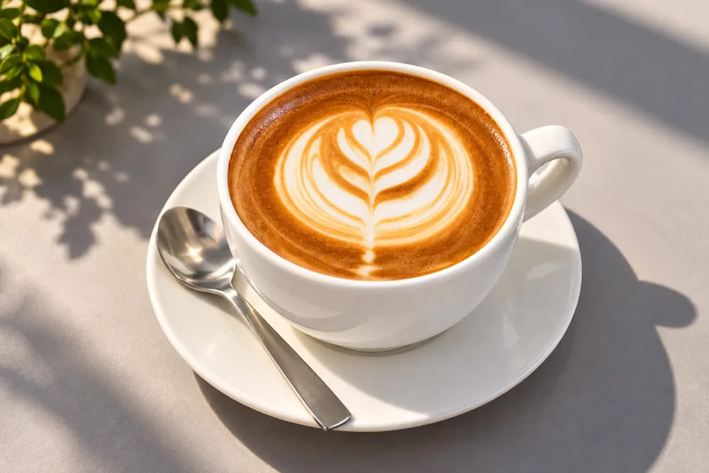 A latte with a tulip of latte art in a white cup