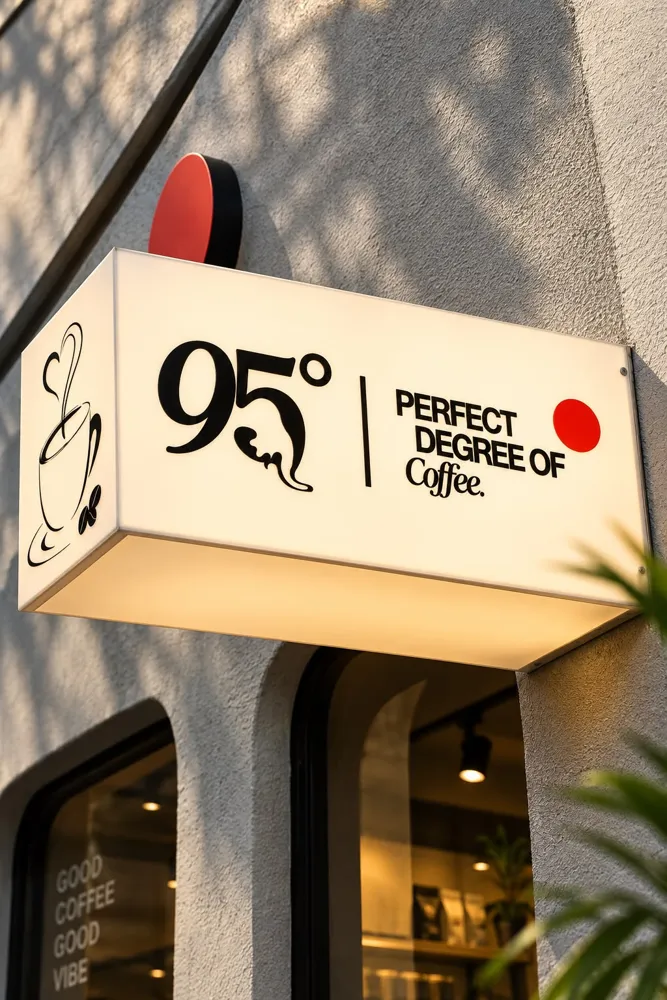 The lit 95° sign box outside the café